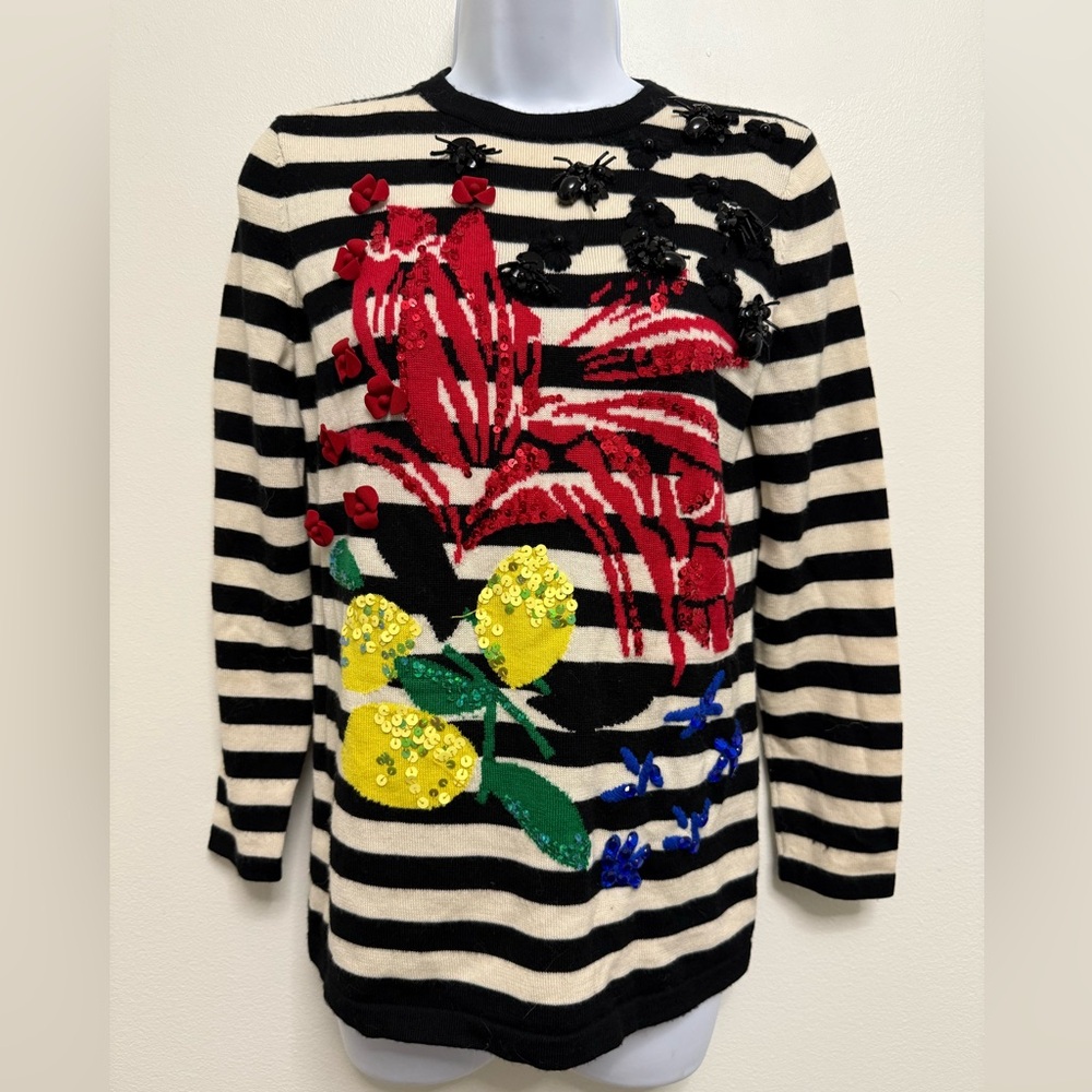 Escada Black Striped Contrast Floral Embroidered Sweater